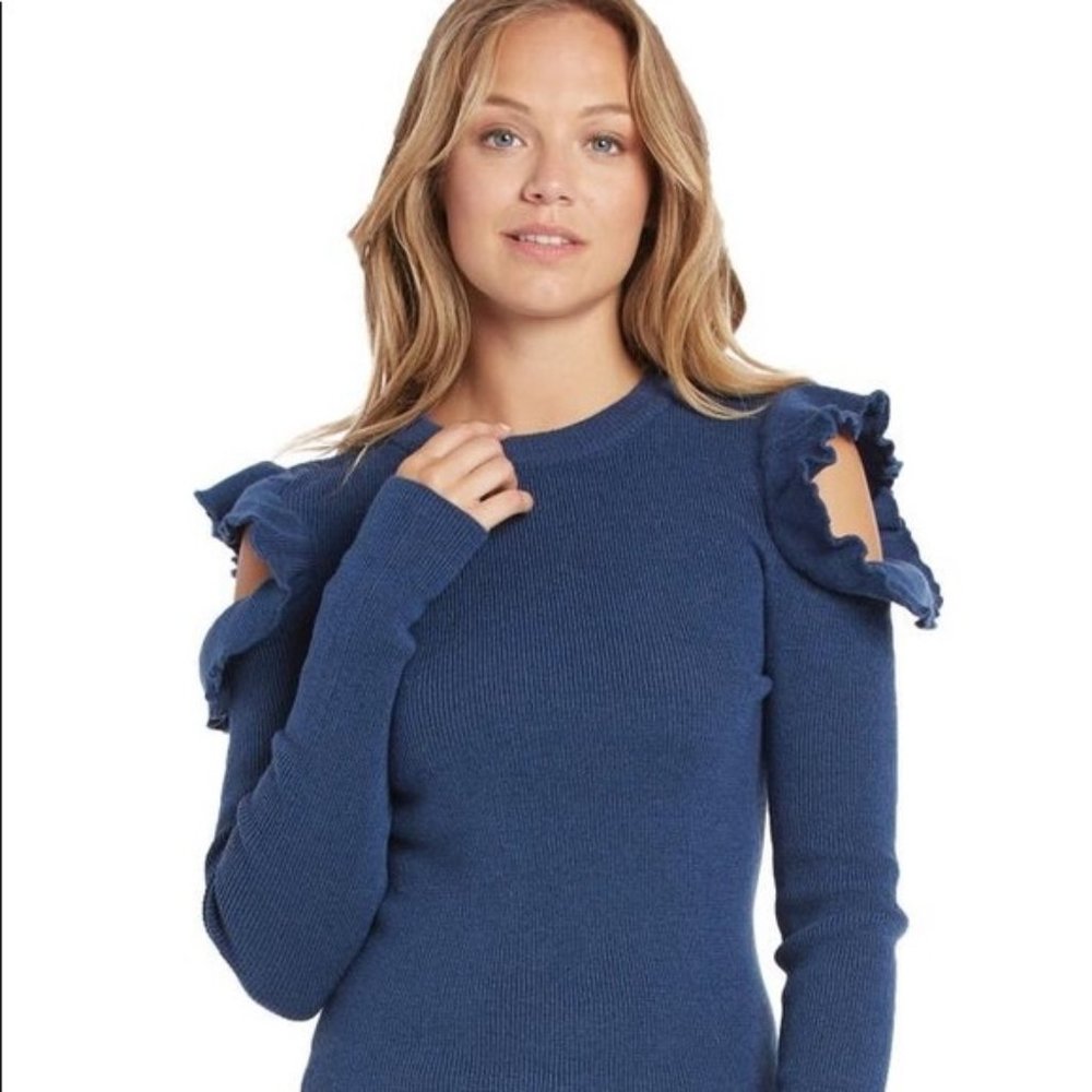Elan Blue Ruffled Cold Shoulder Sweater